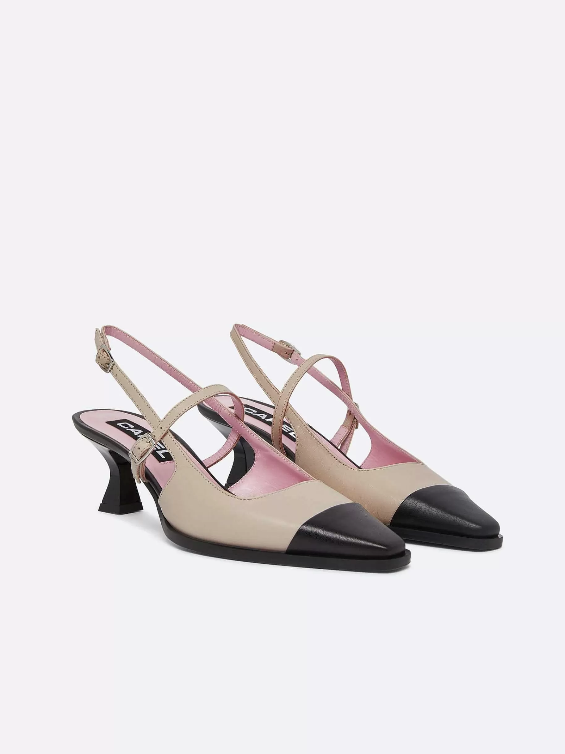 Women Carel Pumps-Beige And Black Leather Slingback Pumps