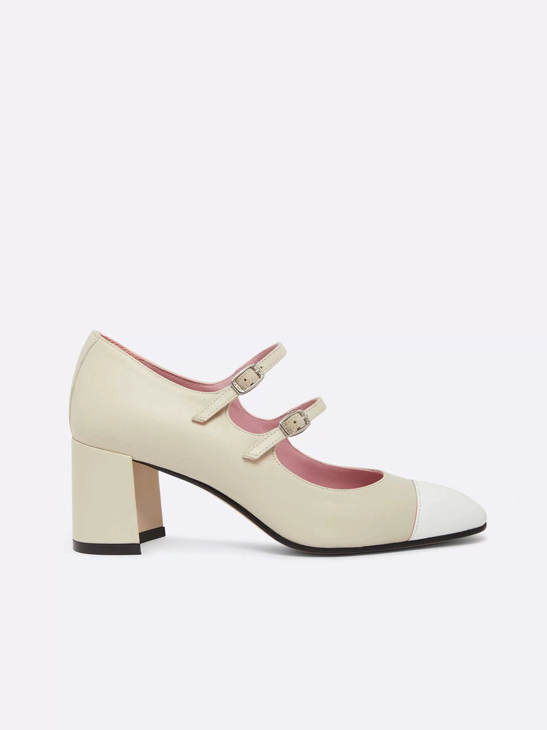 Women Carel Mary Janes-Beige Leather And White Patent Leather Mary Janes Pumps