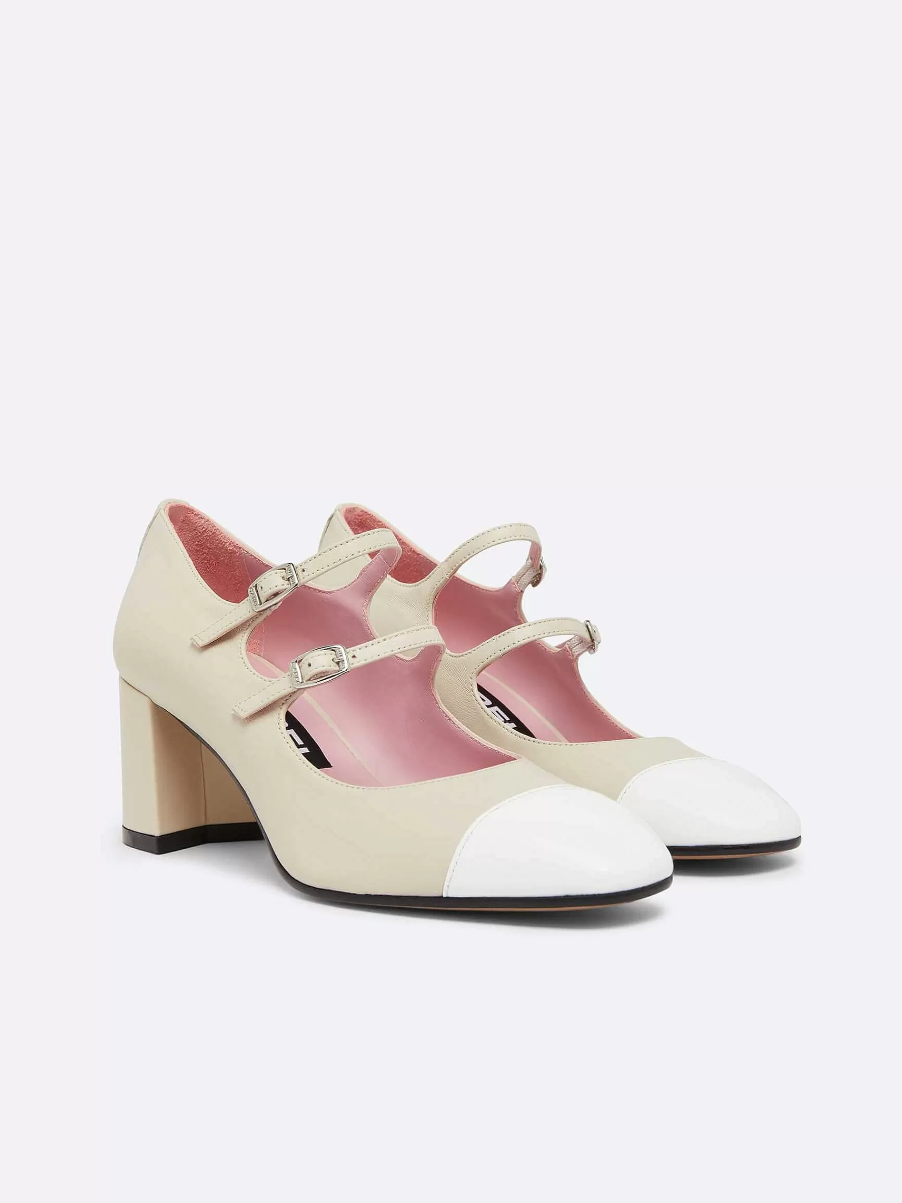 Women Carel Mary Janes-Beige Leather And White Patent Leather Mary Janes Pumps