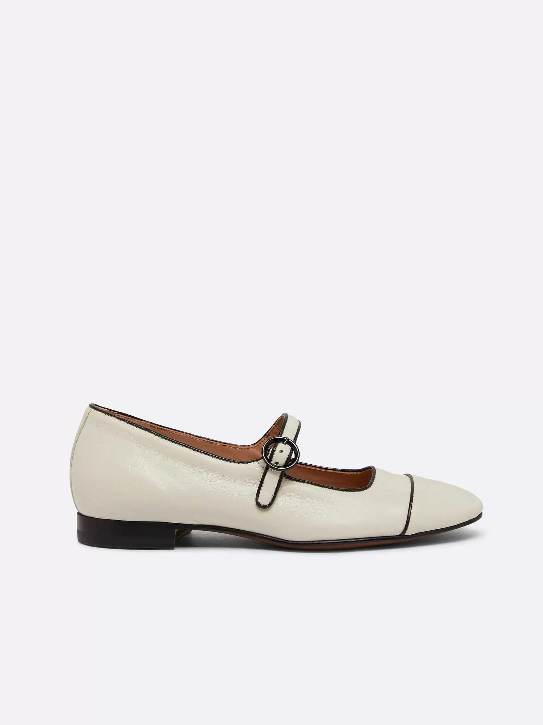 Women Carel Ballet Flats-Beige Leather Black Piping Mary Janes