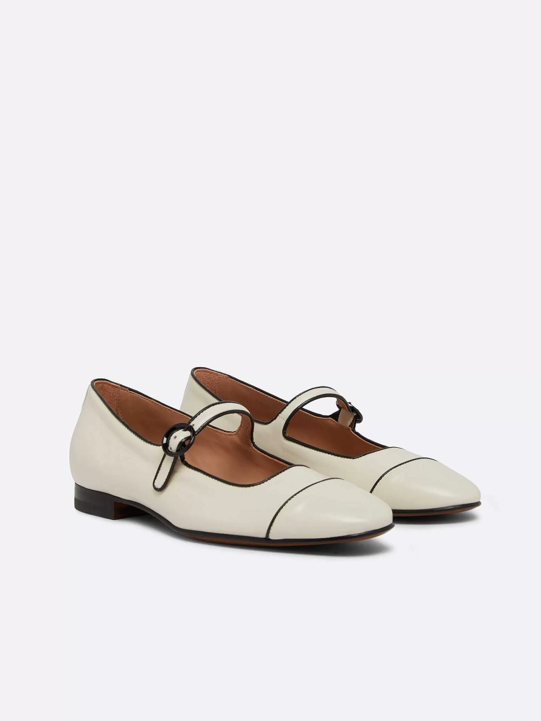 Women Carel Ballet Flats-Beige Leather Black Piping Mary Janes