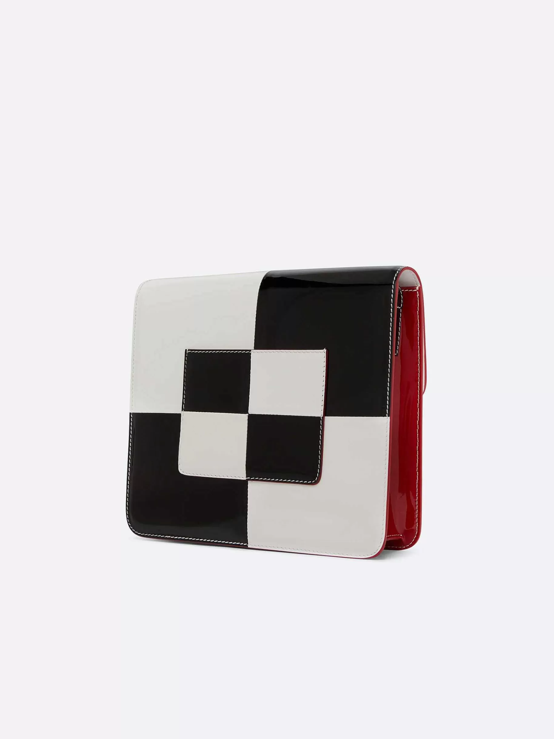 Women Carel Bags-Black And White Checkerboard Patent Leather Bag