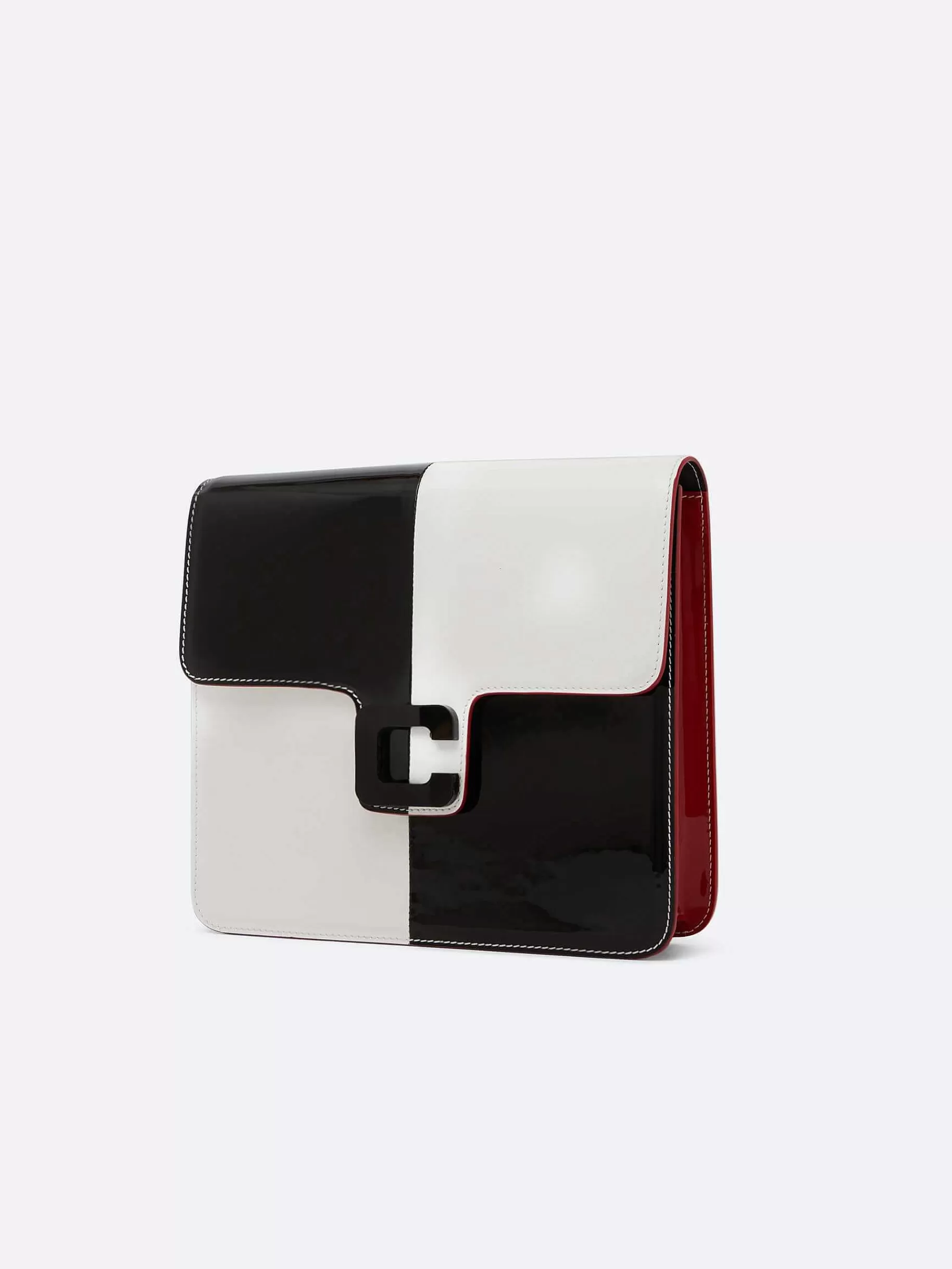 Women Carel Bags-Black And White Checkerboard Patent Leather Bag