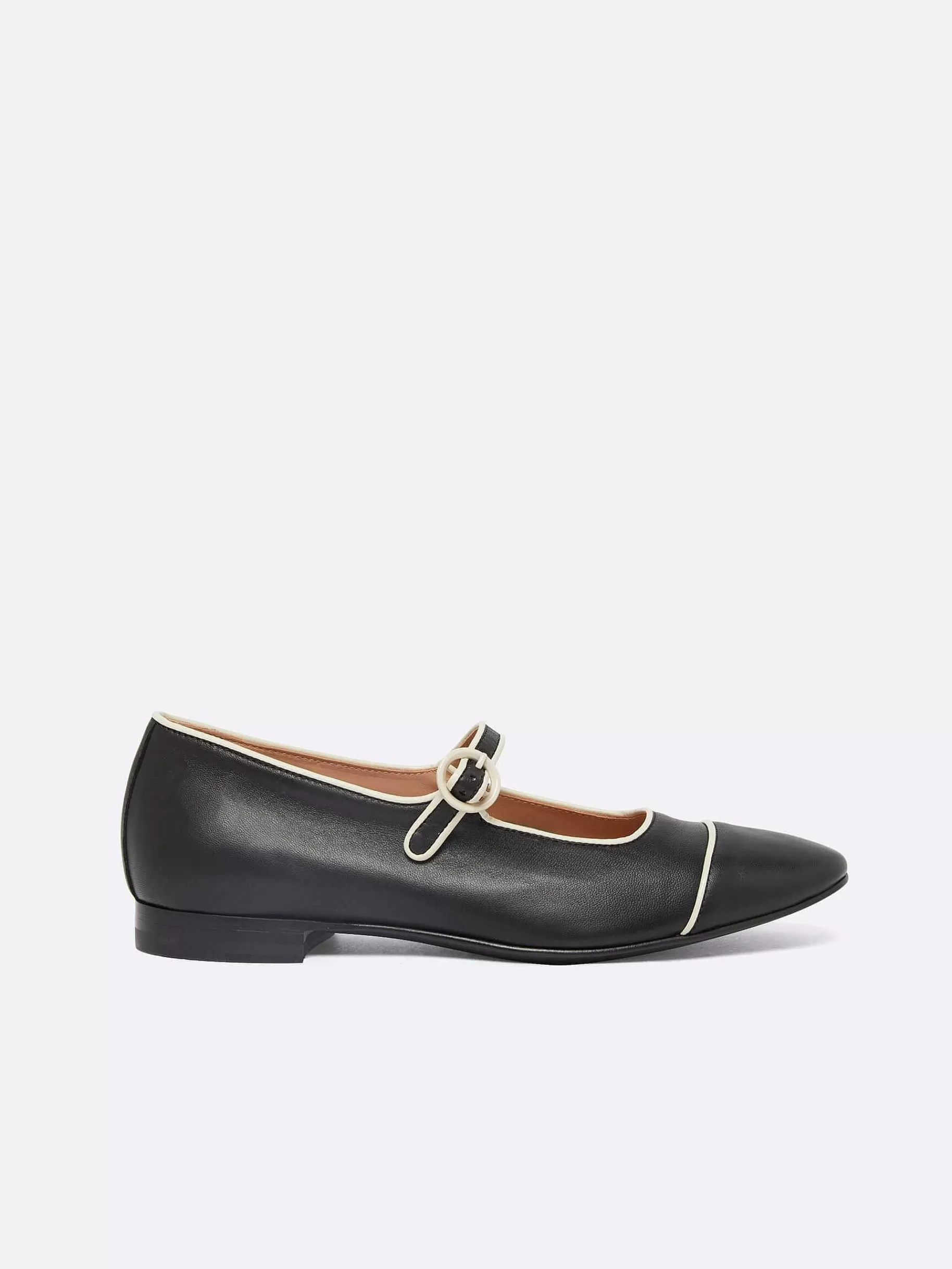 Women Carel Ballet Flats-Black Leather Ivory Piping Mary Janes