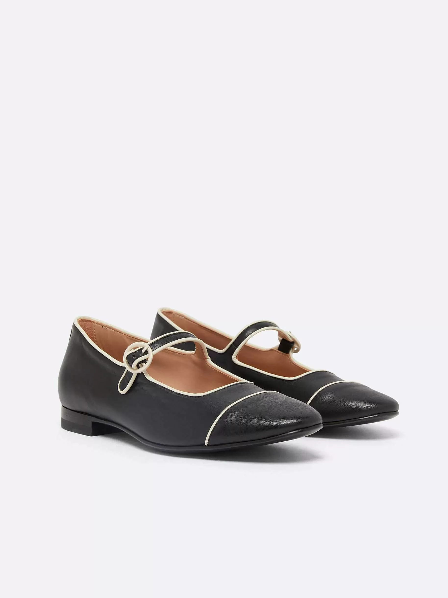 Women Carel Ballet Flats-Black Leather Ivory Piping Mary Janes