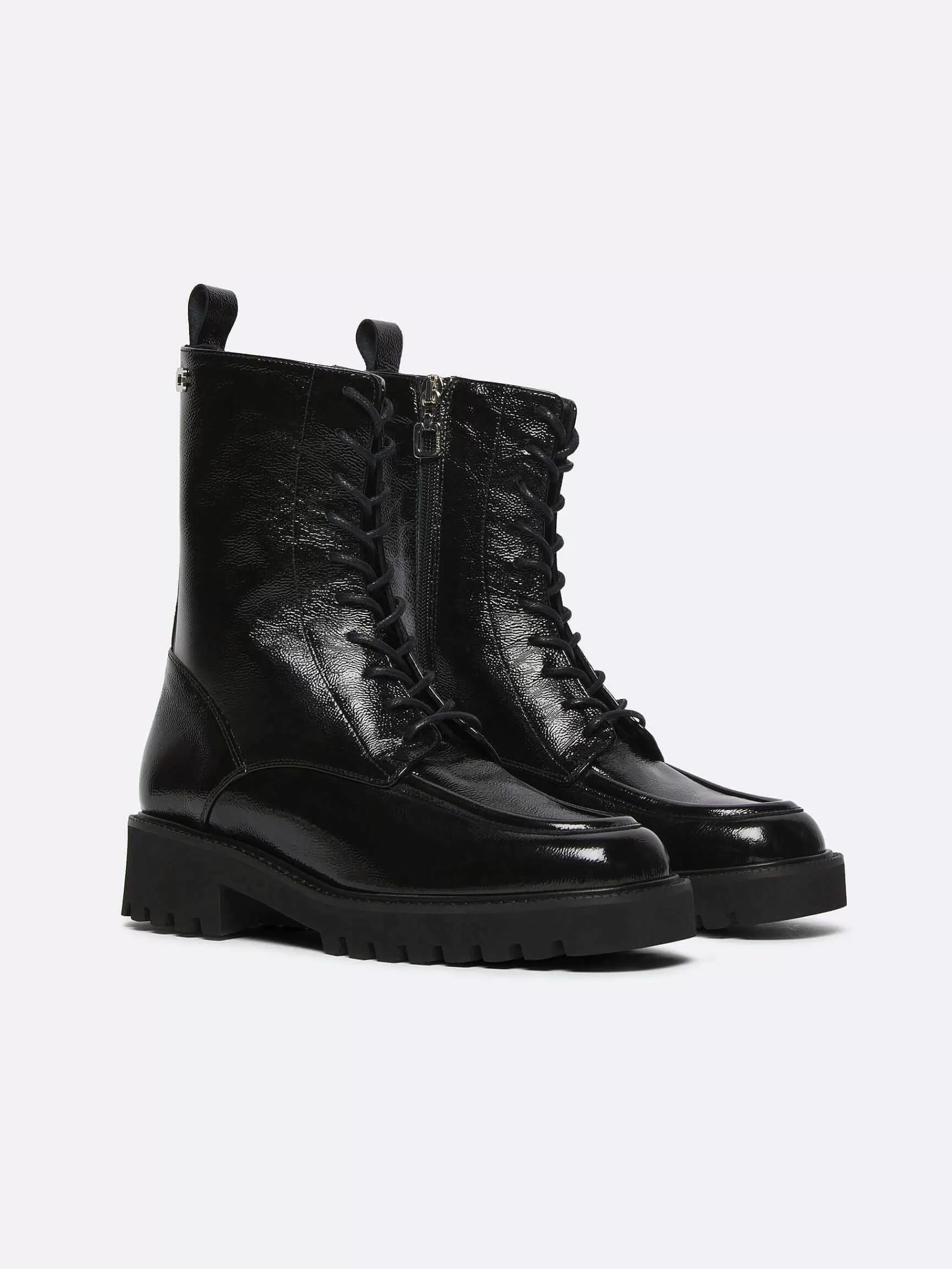 Women Carel Boots And Ankle Boots-Black Naplack Leather Lace-Up Ankle Boots