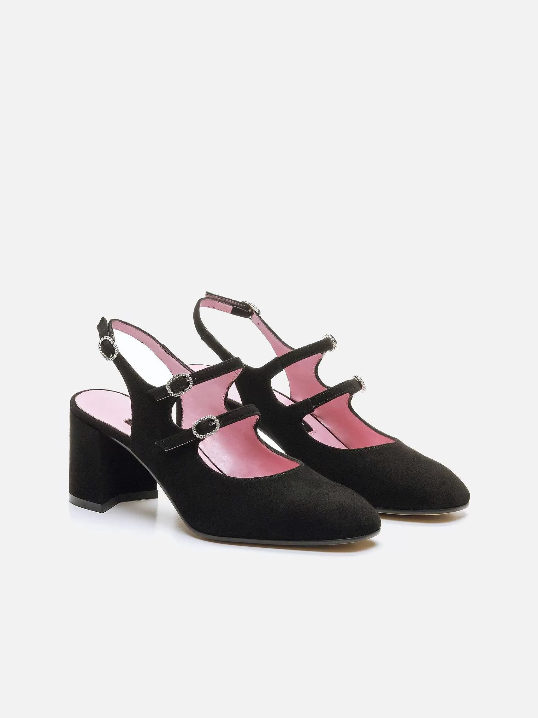 Women Carel Slingbacks-Black Suede Leather And Strass Buckles Slingback Mary Janes
