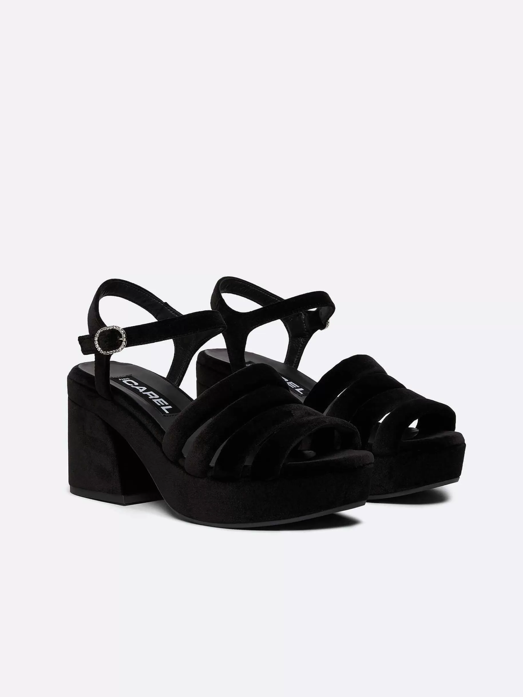 Women Carel Sandals And Mules-Black Velvet Fabric And Strass Buckles Sandals