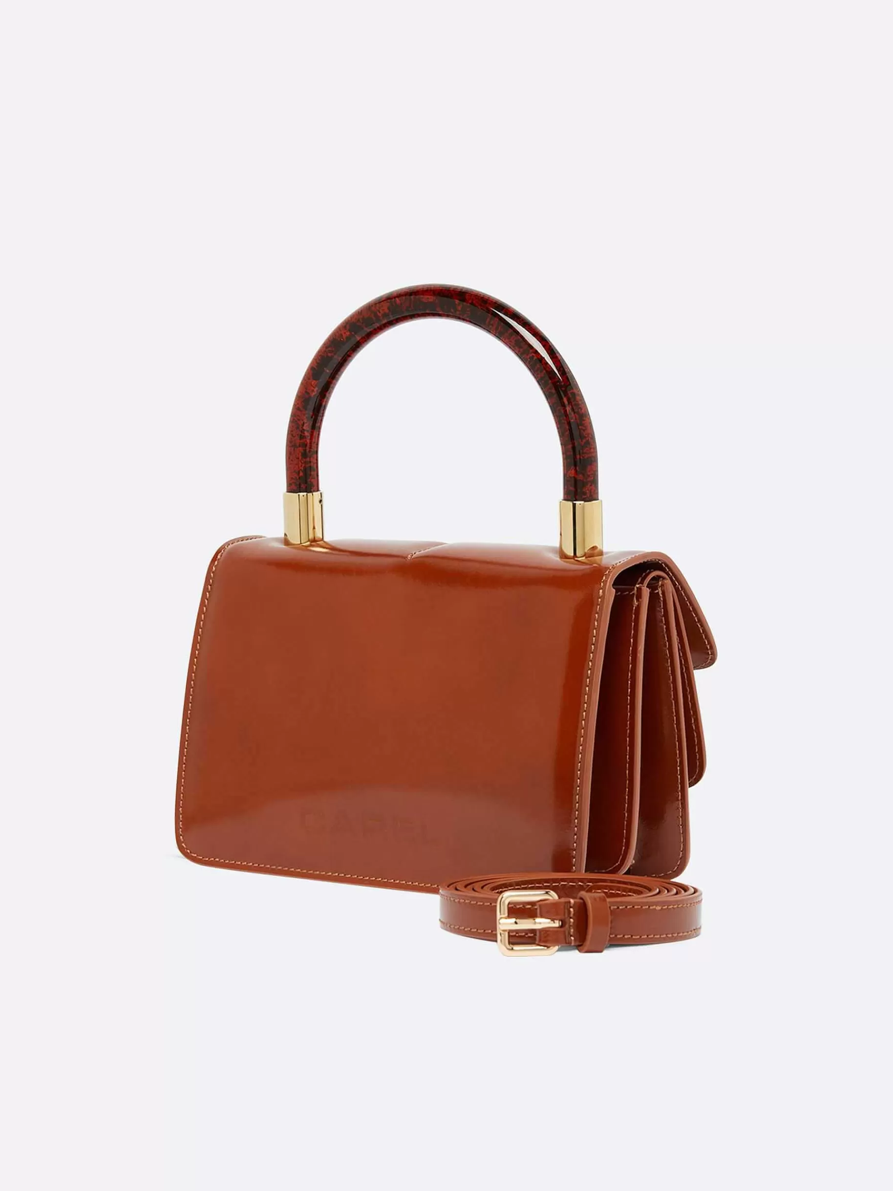 Women Carel Bags-Camel Glossy Leather Handbag
