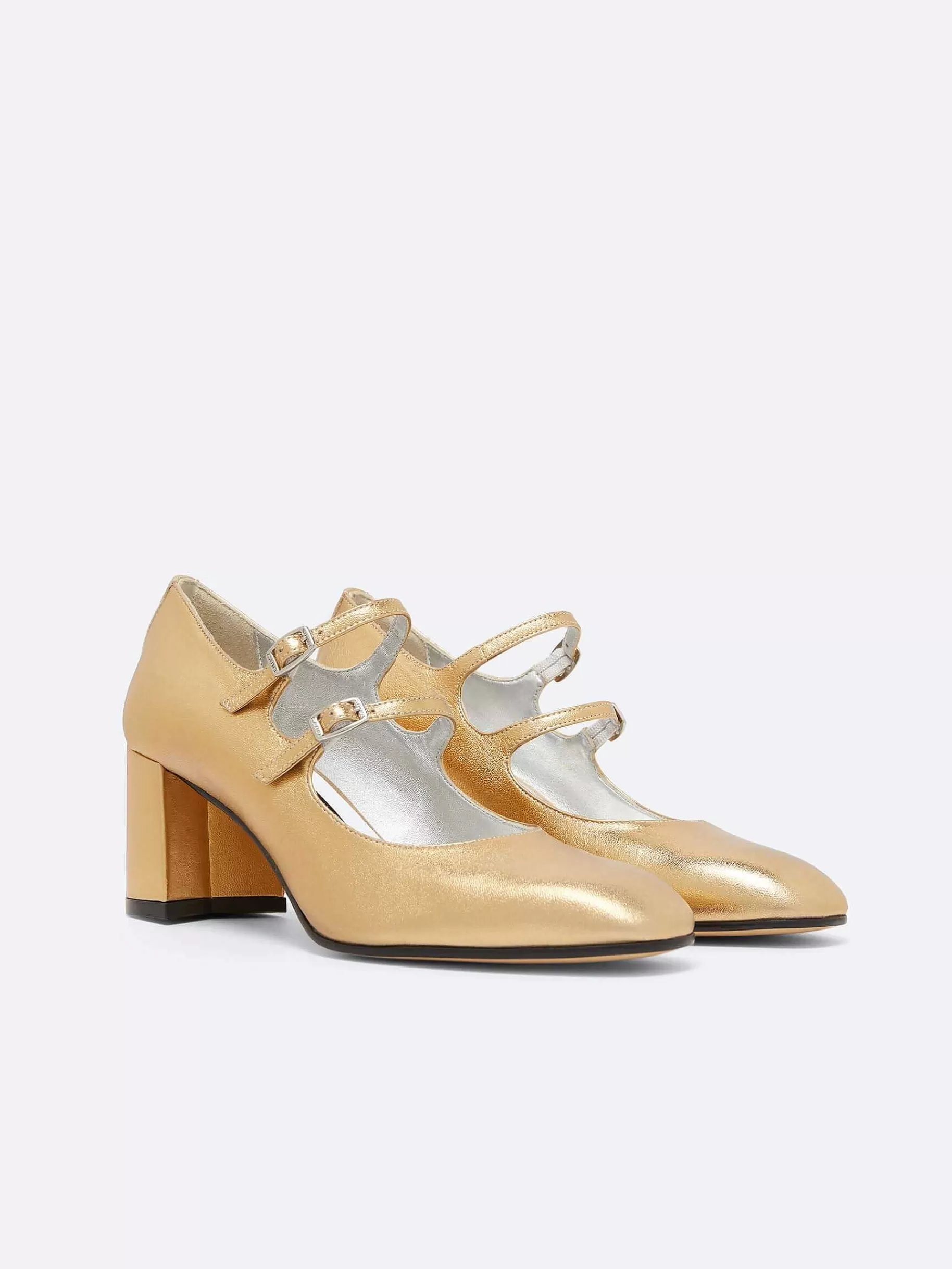 Women Carel Mary Janes-Gold Laminated Leather Mary Janes Pumps
