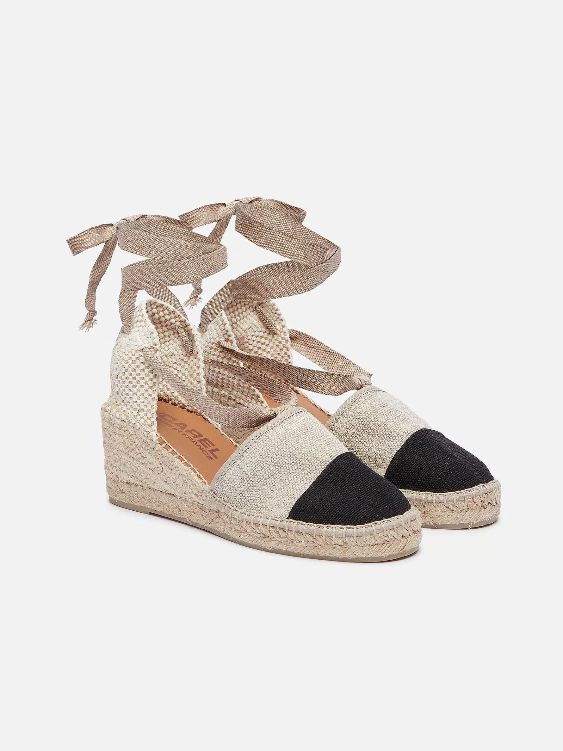 Women Carel Espadrilles-Natural And Black Linen Wedge Espadrilles