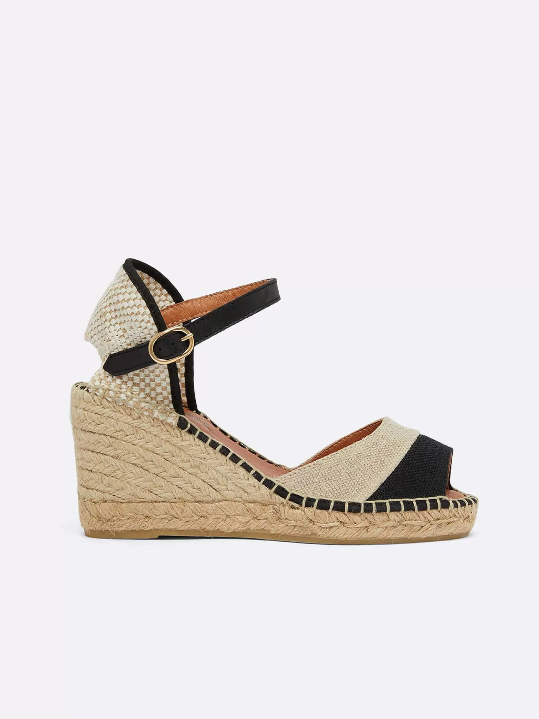 Women Carel Sandals And Mules-Natural And Black Linen Wedge Espadrilles