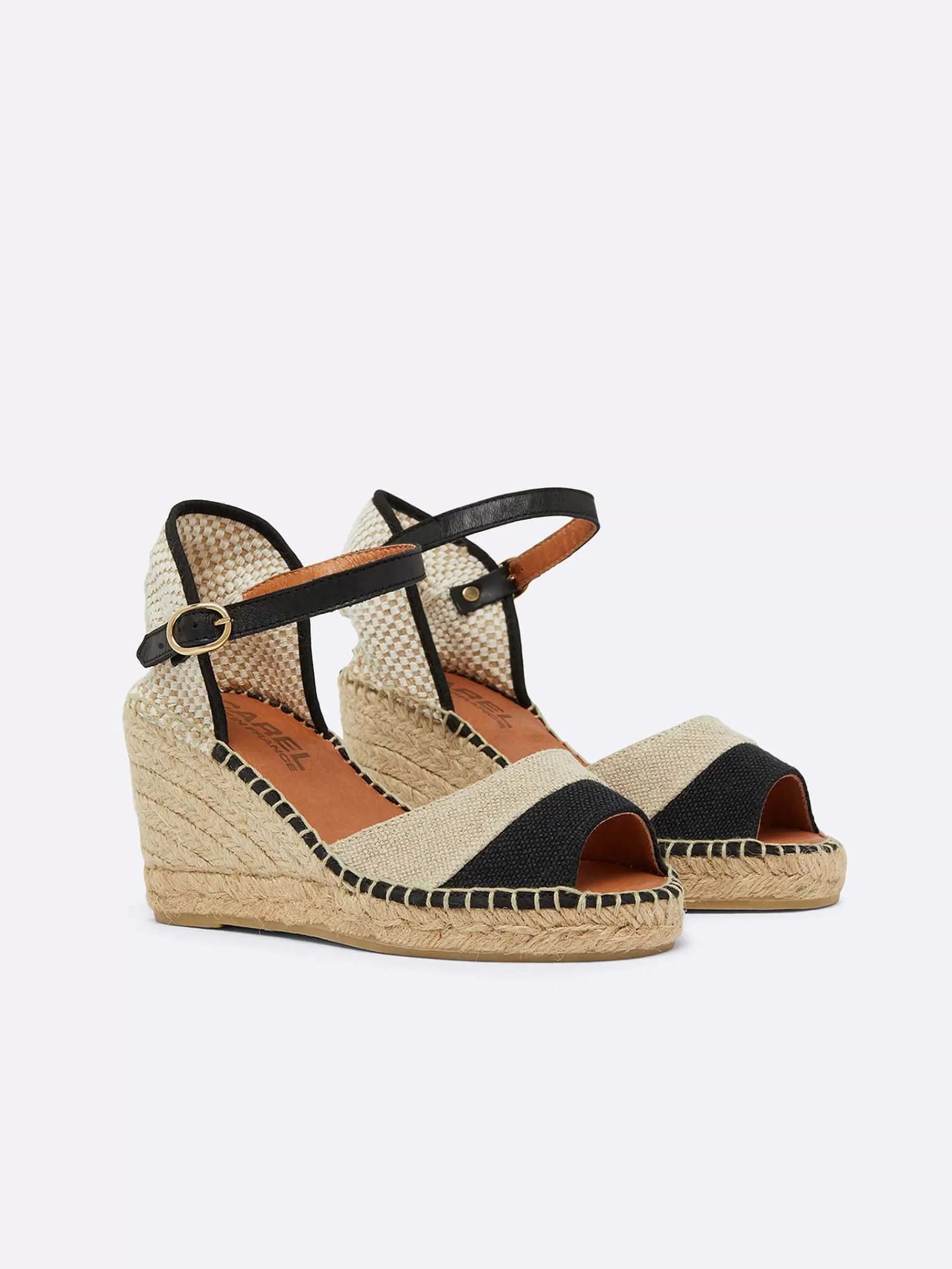 Women Carel Sandals And Mules-Natural And Black Linen Wedge Espadrilles