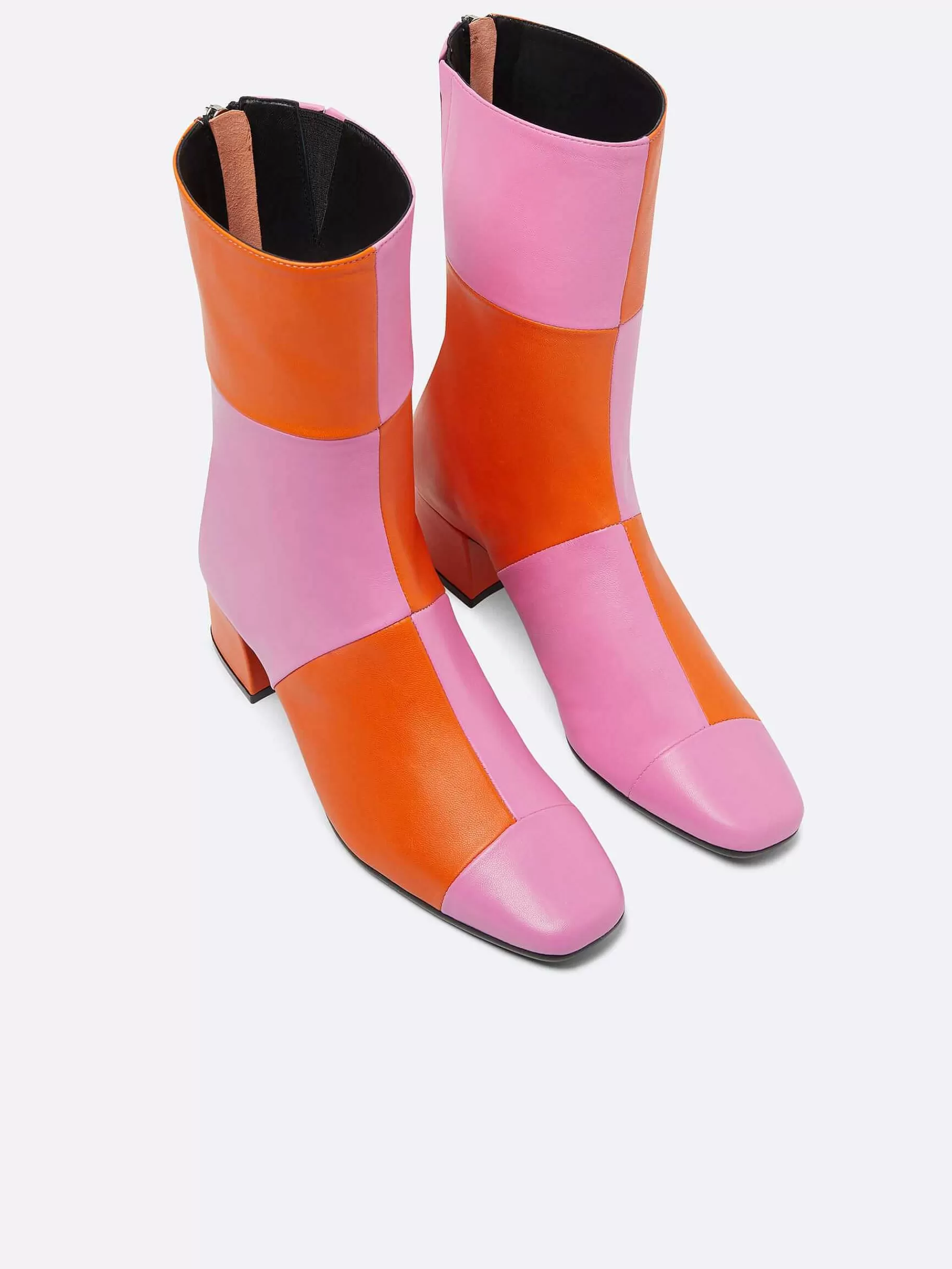 Women Carel Boots And Ankle Boots-Pink And Orange Checkerboard Leather Ankle Boots