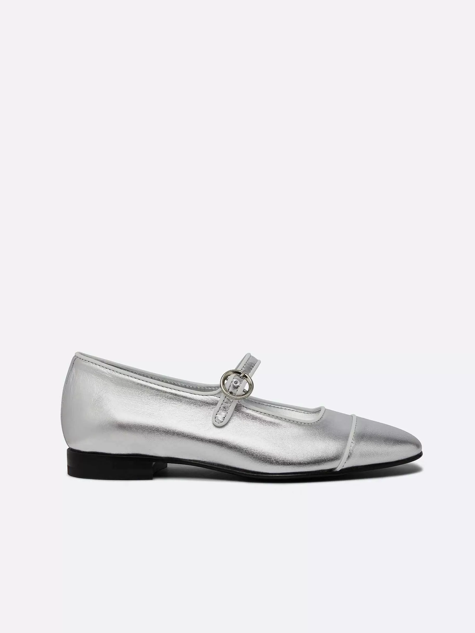 Women Carel Ballet Flats-Silver And White Piping Leather Mary Janes