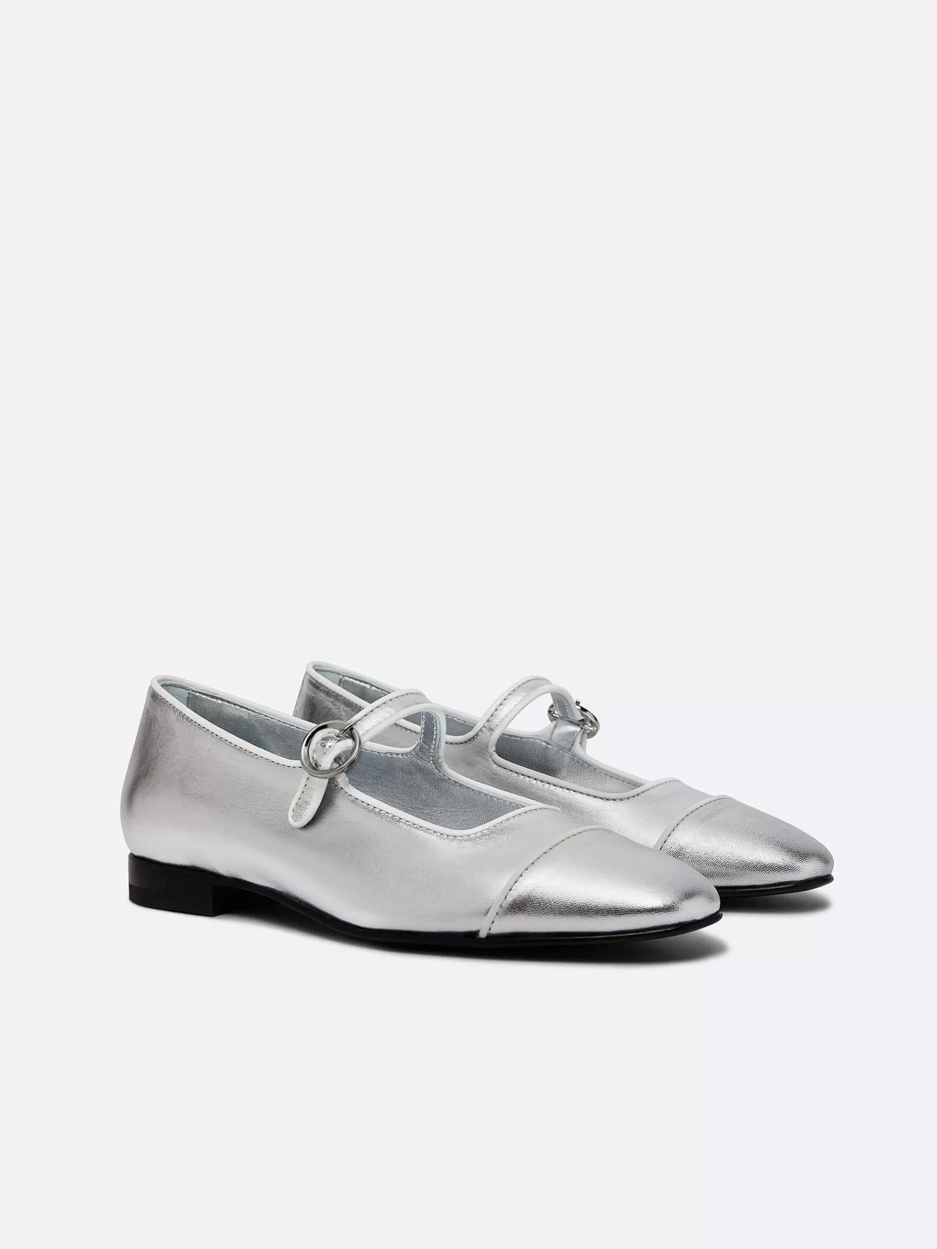 Women Carel Ballet Flats-Silver And White Piping Leather Mary Janes